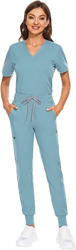 VIAOLI Conjunto de uniformes médicos para mujer, conjunto de uniformes médicos para mujer, camiseta con cuello en V y pantalón deportivo para