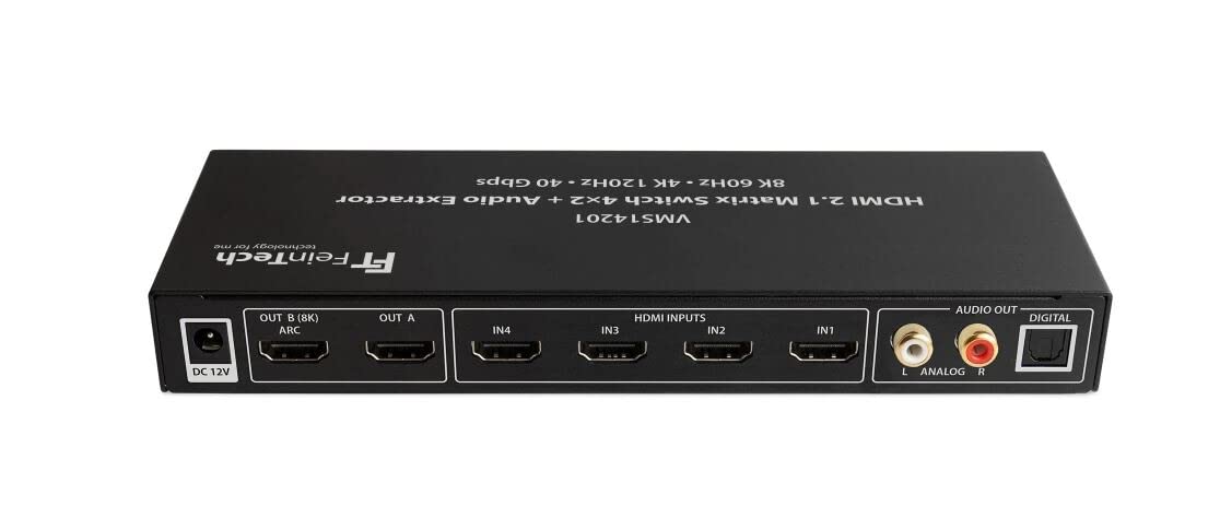 FeinTech VMS14201 HDMI 2.1 Matrix Switch 4x2 Commutatore 4K 120Hz 8K Ultra HD 4 in 2 Out Audio Extractror ARC Toslink SPDIF Downscaler per Xbox PS5 TV Monitor HDR VRR 40Gbps