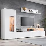 BXEYXE 3-teiliges TV Wohnwand-Set mit LED-Beleuchtung & Hochglanzfront – Enthält 1x TV-Schrank, 1x Vitrine & Hängeregal | Für TV bis 75 Zoll | Weiß | Modernes Wohnzimmer-Möbelset
