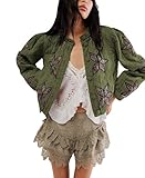 Aimiray Women's Cropped Floral Quilted Puffer Jackets 3D Printed Lightweight Button Padded Coats with Pockets(Armygreen-S)