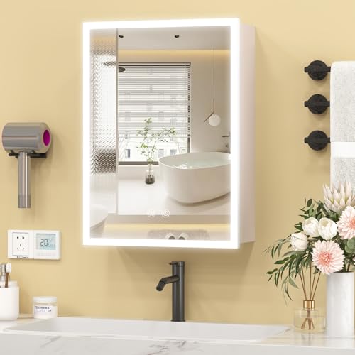 Top 10 Best Bathroom Mirror Cabinets for Stylish Storage 2 JBLCC Lighted Medicine Cabinet with Mirror (Full Assembled), 16''x22'' LED Bathroom Mirror with Storage, Smart Anti-Fog, Aluminum Wall Mounted or Recessed Medicine Cabinet, Beige