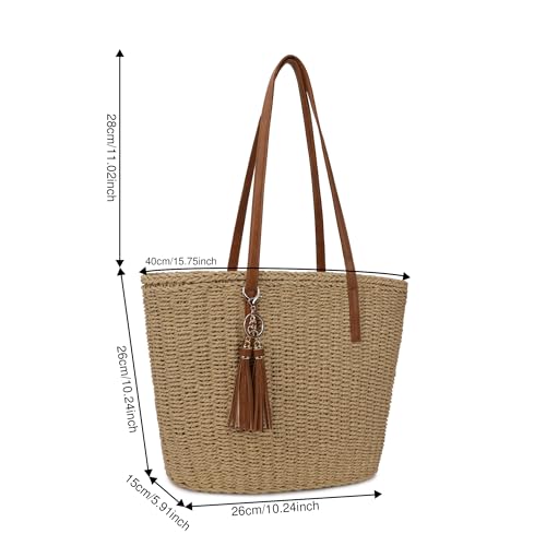 Image of Womens Large Straw Tote Bag Handmade Woven Shoulder Handbag Summer Beach Purse with Tassel