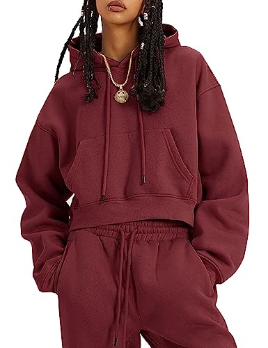 Flygo Womens Fleece 2 Piece Outfits Sweatsuit Crop Pullover Sweatshirt Joggers Pants Tracksuit Set(Burgundy-S)