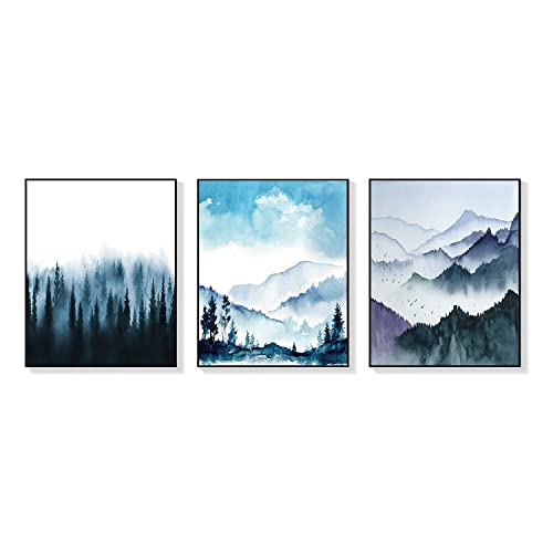 Asmaart Blue Mountain Forest Wall Art Prints Decor, Nature Canvas Poster, Pine Tree Aesthetic Contemporary Paintings Pictures For Bedroom Bathroom Home Room Set Of 3 Unframed (8X10) #TOP4