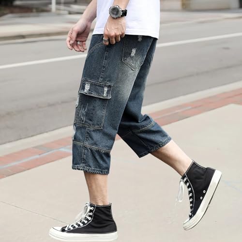 Short cargo 3/4 homme denim déchiré vieilli coupe baggy ample