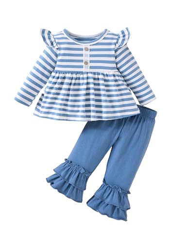 CUGOGO Baby Girl Clothes Toddler Girl Fall Outfit Long Sleeve Ruffle Shirt Cute Pant Clothing Sets,Blue Stripe,9-12 Months