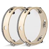 Flexzion Tamburin, Handtrommel mit Handgriff - 2er-Pack, 20cm Schellenkranz in Mond-Form aus Holz, Musik Schlaginstrument, 1-reihige Schellenring mit 5 Paar Metall Schellen, Schlagzeug, Beige