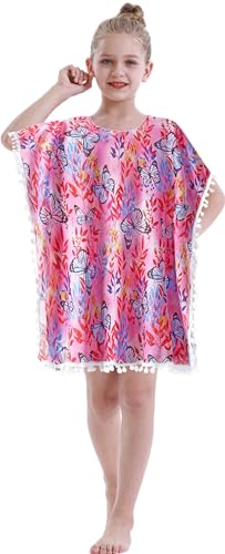 Image of HenzWorld Girls Swim Cover up Size 10-11 Butterflies Swimsuit Bathing Suit Swimwear for Beach with Pompom Trim Butterflies3537