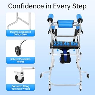 Adult Standing Walker for Seniors, Hemiplegia Rehabilitation Standing Frame, Lower Limb Training Walking Aid with Seat and Wheels, Suitable for People 58-71 in, withstands 220 lbs