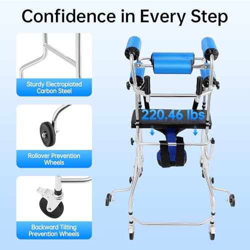 Adult Standing Walker for Seniors, 220.46LBS Load Floorstanding Hemiplegia Rehabilitation Standing Frame Lower Limb Training Walking Aid Portable Medical Standing Aids with 8 Wheels