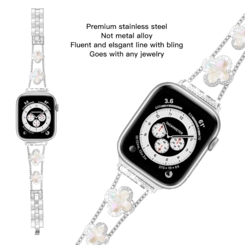 Image of Musk-MSKR Diamond Metal Bands Add Sparkle to Your Watch For Apple Watch Series 11 /10 /9 /8 /7 /6 /5 /4 /3 /2 /SE /Ultra Clover Simple and Stylish Compatible with 38mm40mm41mm42mm44mm45mm 46mm49mm Women's Wear