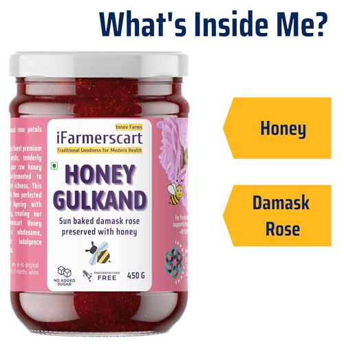 Image of iFarmerscart Honey Gulkand | Fiber Rich | No Added Sugar | No Artificial Flavors | Sun Baked Pure & Fresh Damask Rose Petal Jam | Handcrafted | Potassium, Calcium, Magnesium and and Antioxidants Rich | Better Digestion | No Added Sugar Jam