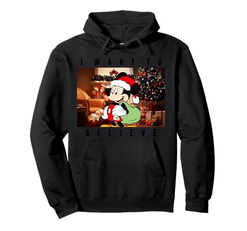 Mickey Mouse Santa Hoodie Disney I Want To Believe - Sweat capuche hiver noir imprimé