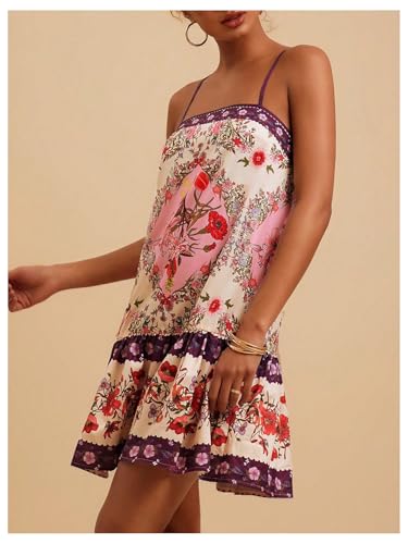 Image of RoseSeek Women's Floral Boho Flowy Mini Cami Dress Ruffle Hem Spaghetti Strap Vacation Tank Dresses