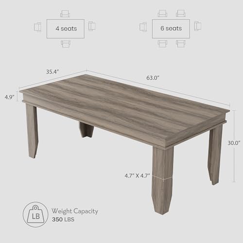 Image of GarveeHome Farmhouse Dining Table for 4-6 People, 63 in Long Kitchen Tables with Wooden Sturdy Frame, 5 ft Large Rectangular Dinner Table for Dining Room, Kitchen, Grey Walnut, 63 inch Non-extendable