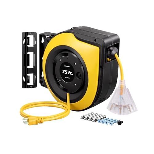 DEWENWILS Retractable Extension Cord Reel, 75 FT Heavy Duty Power Cord, 14/3C SJTOW Retractable Cord Reel, Lighted Triple Outlets, 10A Circuit Breaker, Wall/Ceiling Mount, UL Listed, Yellow