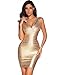 meilun Women's Rayon Sexy V-Neck Bandage Bodycon Strap Gold Foil Dress (Small, Gold)