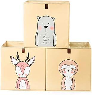 2friends 3 Children storage boxes with pull out loop, set of 3 with 3 motifs, 33 x 33 x 33 cm, ideal for Kallax shelves, stable and washable, beige