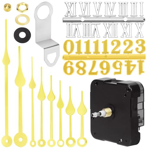 Swpeet 16Pcs Shaft Length 18mm - 45/64 Inch DIY Wall Clock Movement Mechanism Repair Kit, 1P Clock Movement with Hooks, 4 Pairs Gold Different Sizes Hour Hands and Minute Hands, 2 Set Clock Numerals