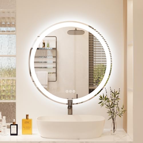 WOSEKBATHAL Bathroom Mirror with Lights, Round LED Mirror for Bathroom, Vanity Mirror with Lights, Anti-Fog & 3 Colors, Wall-Mounted Bathroom Mirror (32“L x 32