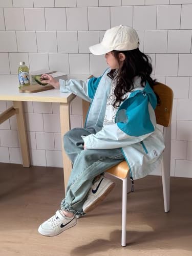 Classic Casual Hooded Jacket，Turquoise and Light green Color Block Design，Light weight,Drawstring waist4