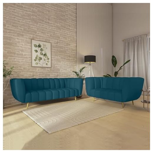 wakeup INDIA Mushy Premium Fabric Sofa Set | 5 Seater Sofa | Pocket Spring Cushion | Padded Cushioned Armrest | 3 Years Warranty | Polished Wooden Leg (Peacock Blue, Seating-3+2)