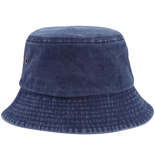 QFE Everyday Bucket Hat Unisex Lightweight Trendy Cotton Hot Summer Fun Outdoor Vacation Boonie for Men and Women Wide Brim Washed Denim Sun Hats Flat Top Cap Fishing Hiking Beach Sports Dark Blue