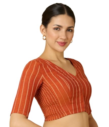 Image of Studio Shringaar Women Cotton Half Sleeve Side Stretchable (Smocked) Readymade Saree Blouse