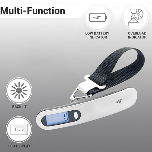 Image of ANT Digital Luggage Scale 50kg - Portable High-Precision Travel Weight Scale with Backlit LCD, Strap Hook, Tare & Unit Switch - Ideal for Flights, Suitcases, Parcels - White