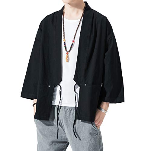 Image of PRIJOUHE Men's Kimono Jackets Cardigan Lightweight Casual Cotton Blends Linen Seven Sleeves Open Front Coat Outwear