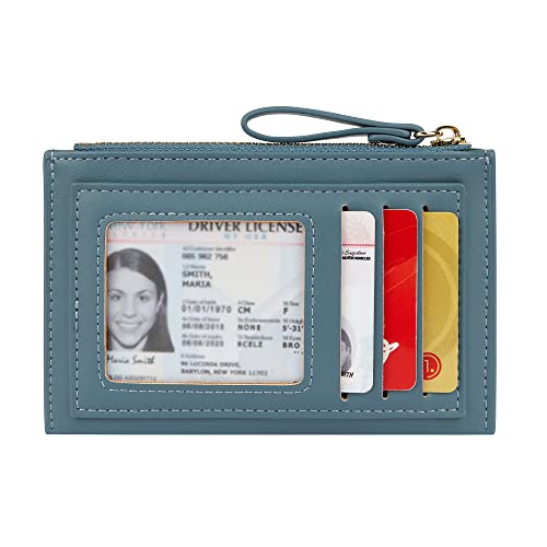 Women's Leather Slim Minimalist Card Holder Case Cute Small Zipper Coin Change Wallet, Yellow, Blue