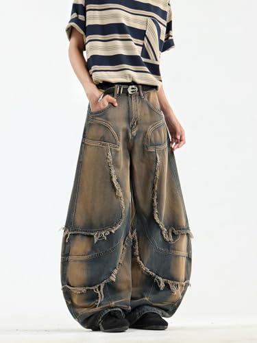 Men's Fringe Frayed Edges Hip Hop Baggy Jeans Wide Leg Jeans Vintage Loose Fit Denim Pants3