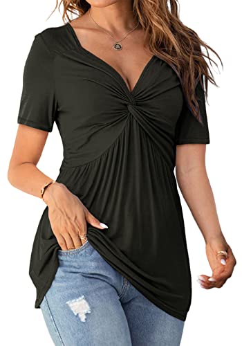 Image of Tankaneo Womens Front Knotted V-Neck Blouse T Shirt Short Sleeve Oversized Tunic Tops Summer Solid Pullover Tees