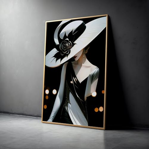 Tableau sur toile femme au chapeau noir et blanc déco murale 50x70