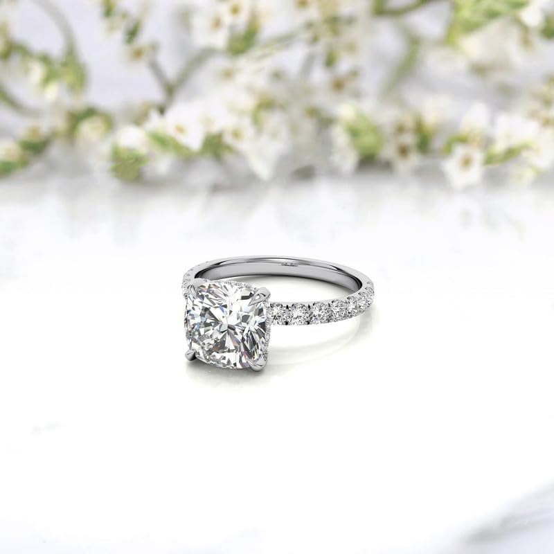 Cushion Cut Moissanite Engagement Ring for Women, 3.18ct Solitaire in White Gold Plated Sterling Silver with Pave Accents, Sizes 5-14