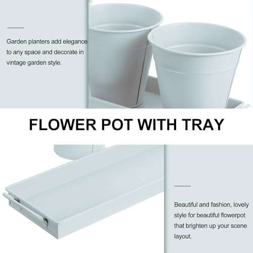ARTIBETTER 3pcs White Iron Bucket Flower Planter Set with Rectangular Tray for Succulents and Indoor Outdoor Garden Decorative Plant Pots by ARTIBETTER - Used condition - Image 3