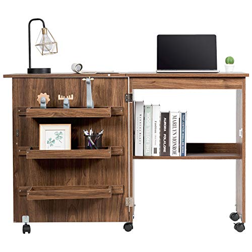 DREAMADE Nähtisch Nähmaschinenschrank Faltbar, Nähschrank Nähmöbel, Mehrzwecktisch mit 4 Rollen (Braun)