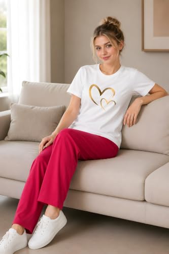 Image of ELVIA Women's Pure Cotton Top and Pyjama Co-Ord Set | Double Heart Graphic Printed Night Suit | Regular Fit Half Sleeve Round Neck T-Shirt with Pajama Sleepwear Loungewear Set