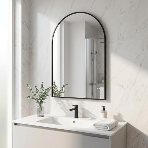 Image of BEAUTYPEAK 20 inchx28 inch Arch Bathroom Mirror, Wall Mounted Vanity Metal Frame Mirror for Bedroom, Entryway, Living Room, Black