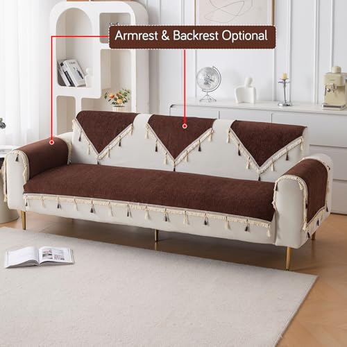 Image of HOKIPO 'Serenity Tassel' Chenille Sofa Cover 5 Seater Set with Tassels - Washable 3+1+1 Sofa Cover Mat | Chestnut Luke (IN-890 * 2 + IN-892 - BR)
