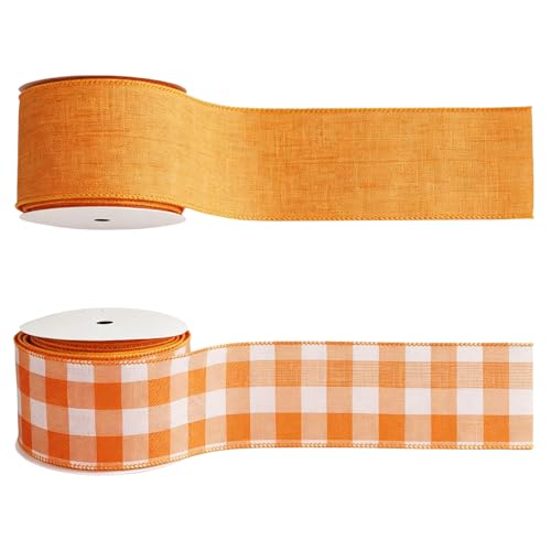 Meseey 2.5 Inch Fall Wired Ribbon Set 2 Rolls Total 10 Yards Solid Orange & Orange White Buffalo Check Wired Edge Ribbon for Wreaths Bows Gift Wrapping Thanksgiving & Halloween Decor