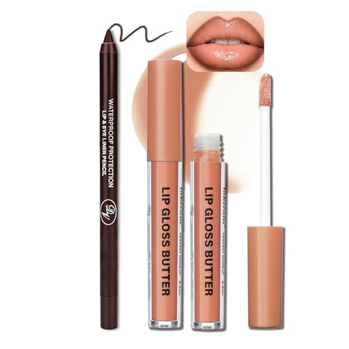 Image of 2PCS Lip Gloss with Brown Lip Liner Lip Combo Set - Honey Nude Warm Beige Shade for Natural Everyday Lips, Lip Plumping Effect, Hydrating Glossy Shine, Over Lip Makeup for Fuller Looking Lips