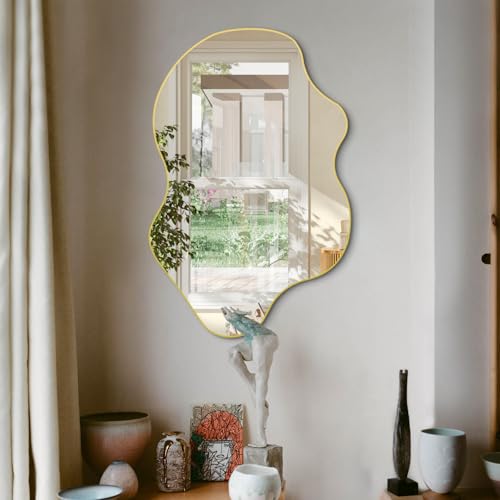 DAOYIJIAJU Gold Irregular Mirror, 31.5"x23.6" Asymmetrical Wall Mirrors, Unique Shaped Mirror Decorative, Modern Frameless Abstract Mirrors for Living Room Bathroom Bedroom Hallway Entryway Fireplace