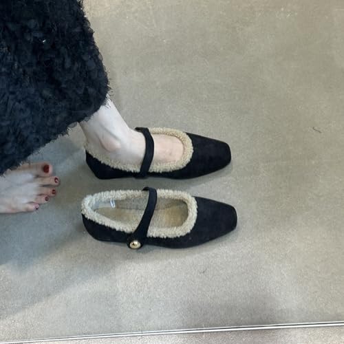 Mary Jane Flats for Women Faux Fur Ballet Flats Winter Fuzzy Warm Comfy Flats Slip On Flats Shoes Warm Plush Lined3
