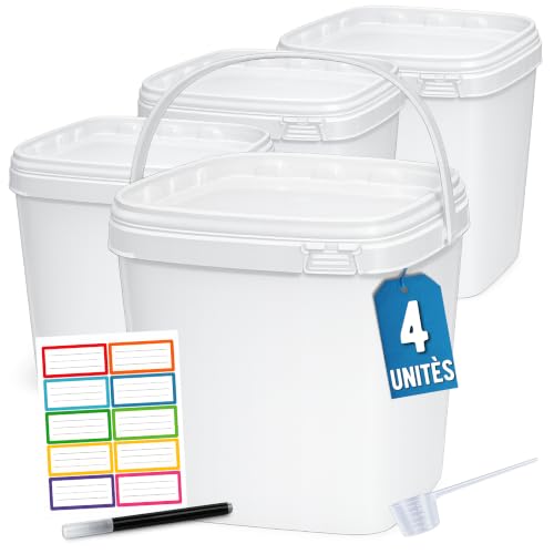 Üka • 4 Seaux en Polypropylène Blanc 5,4 L - 20x20x20,5 cm. Stockage en Plastique Dur avec Couvercle. Récipients Alimentaires Hermétiques. Seaux Vides avec Poignée. Empilables et sans BPA.