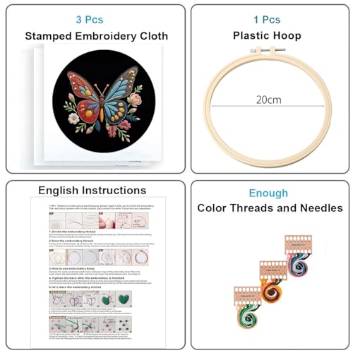 Image of Konrisa Flower Butterfly Embroidery Kits for Adults, Stamped Embroidery Starter Kit with Hoop,DIY Sewing Needlepoint Cross Stitch Kit, Set of 3