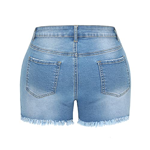 Image of THUNDER STAR Women Mid Rise Ripped Stretchy Jeans Shorts Frayed Raw Hem Casual Denim Shorts