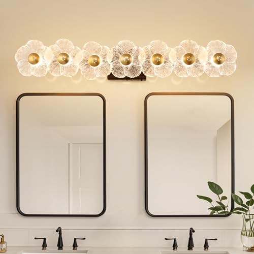 Image of MantoLite Bathroom Light Fixtures Modern Vanity Light Over Mirror Adjustable 3000K-6000K Picture Lights Art Light with Floral Clear Glass Shades for Living Room Bedroom Wall Sconces (7 Light Black)