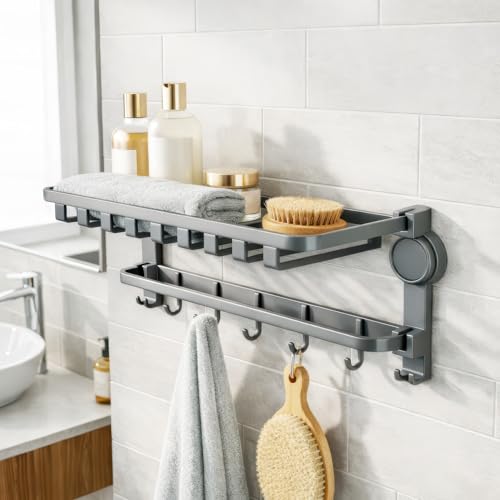 Image of Amazon Basics Suction Towel Rack for Bathroom, No Drill Wall Mounted Aluminum Towel Holder with Hooks, Self Adhesive Rustproof Bathroom Towel Hanger, Damage-Free Install