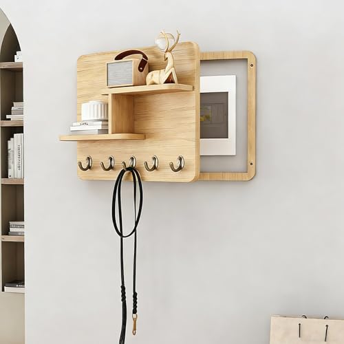 Fuse Box Cover Cabinet, Wall Mounted Fuse Box Cover Cabinet, Wooden with Shelf &amp; Hooks, for Living Room Home Office(Yellow-b,50 * 40cm/19.7 * 15.7in)
